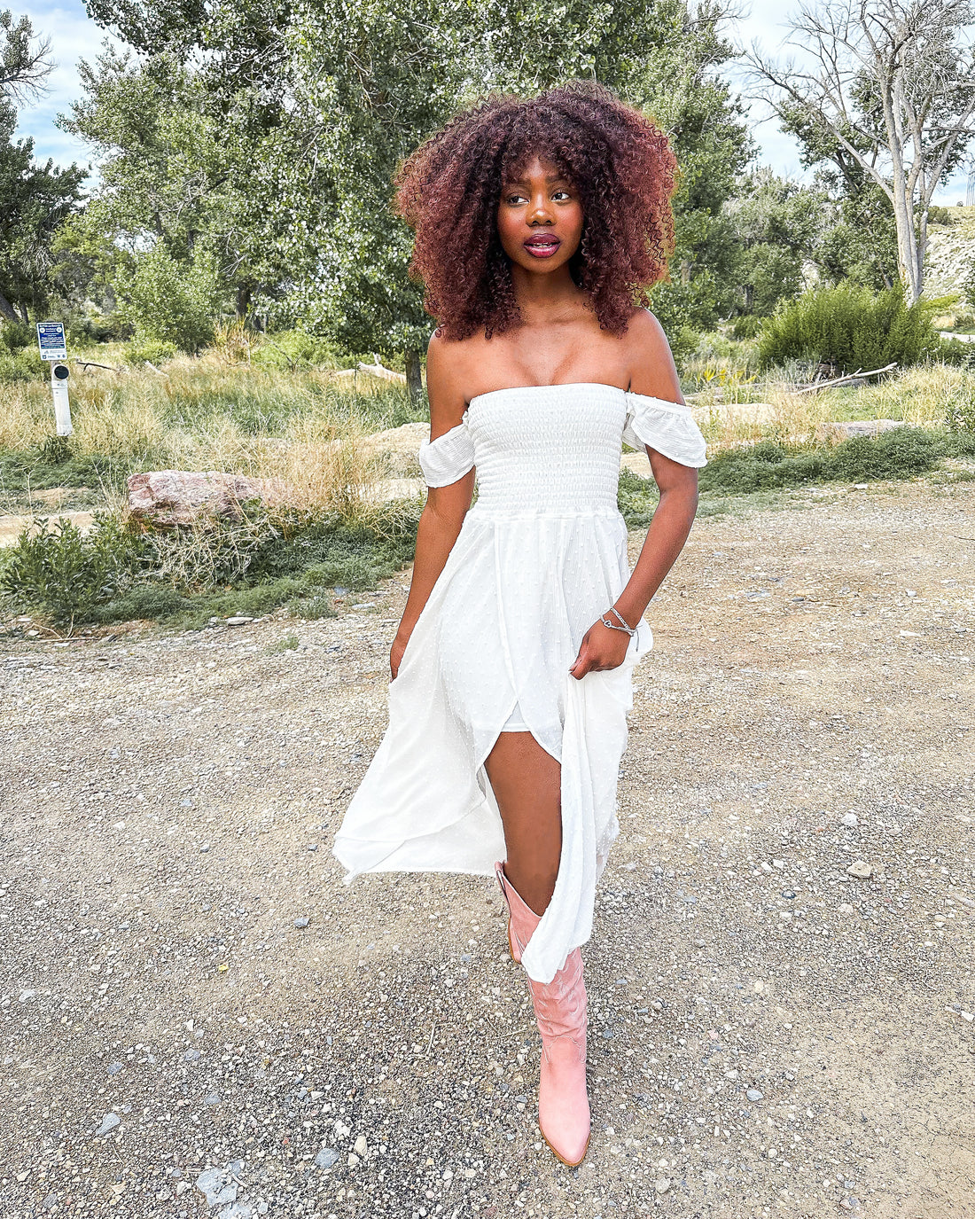 Change Of Plans Swiss Dot Off The Shoulder Dress